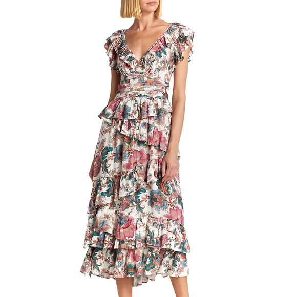 Love The Label Lillie White Print Tiered Open-Back Dress US8 NWT - Picture 3 of 12